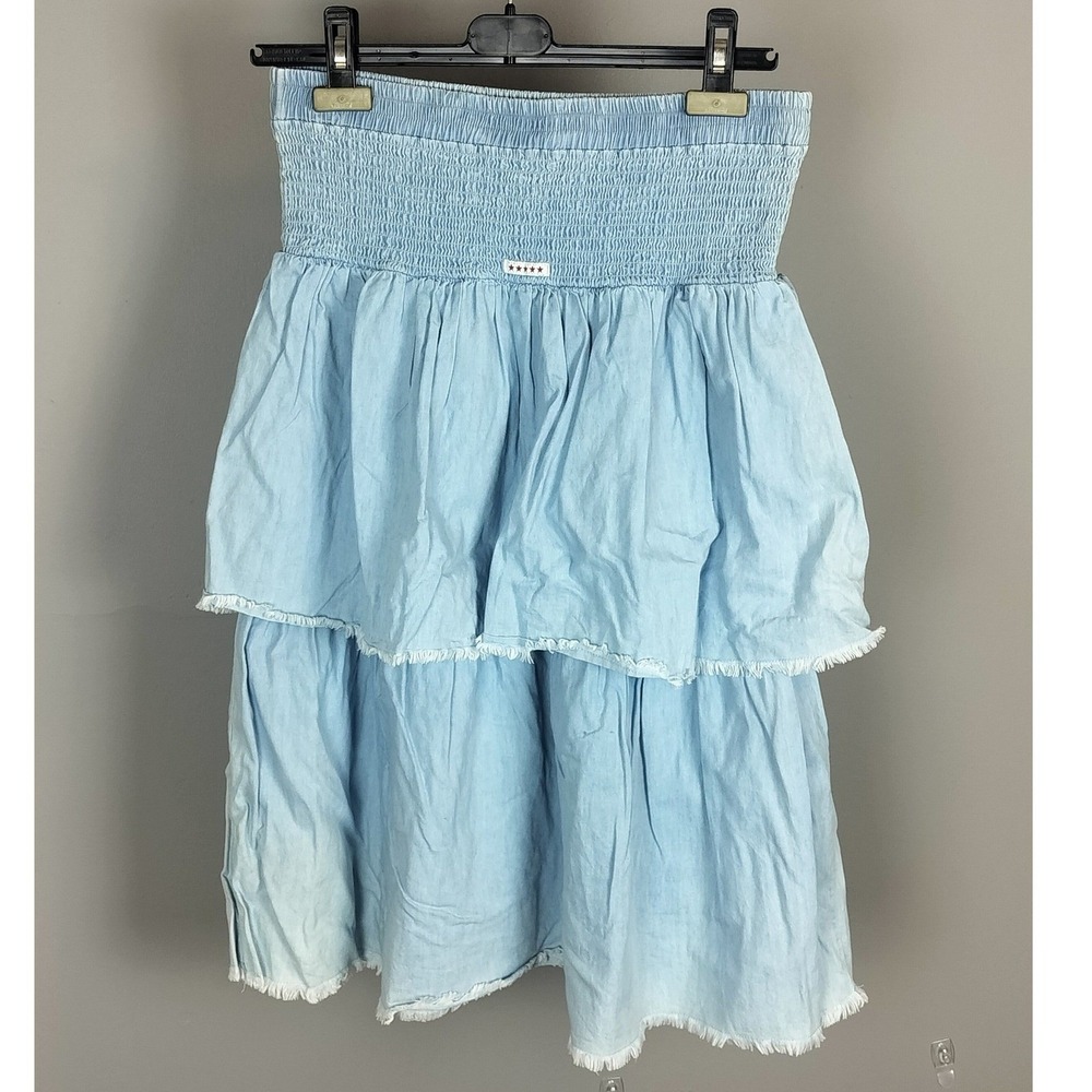Y2K Akademiks Star Logo Tiered Ruffle Denim Smocked Midi to Maxi Skirt Vintage - Picture 2 of 4